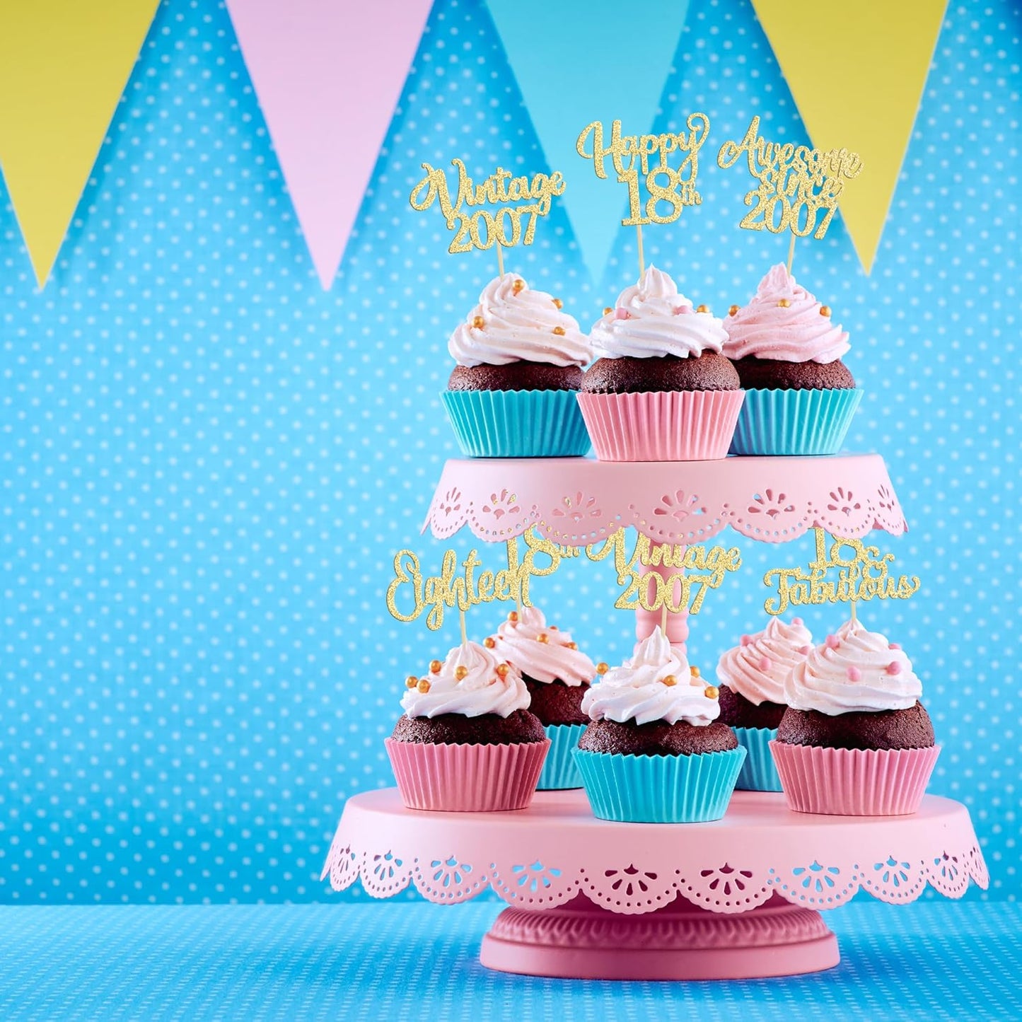 30Pcs Vintage 2007 Cupcake Toppers Glitter Eighteen Happy 18th Birthday 18 Fabulous Cupcake Picks Cheers to 18 Years for 18th Birthday Wedding Anniversary Party Cake Decorations Supplies Gold