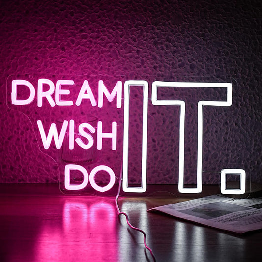 Dream It Wish It Do It Neon Sign Dimmable Letters Neon Light Signs for Wall Decor USB Power Pink White Neon Light for Bedroom Led Neon Sign for Studio Office Bar Gifts