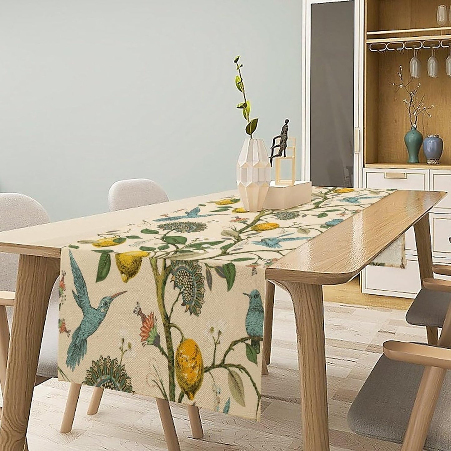 Table Runner with Flowers and Birds, Spring Plant Flowers Table Decoration Linen Table Runner Family Party Party Decorations 13x70 Inches