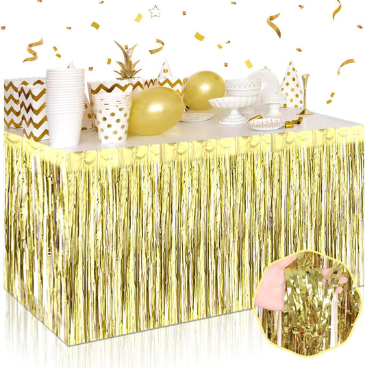 3 Pack 29 x108 Inch Light Gold Foil Fringe Table Skirts Metallic Banner for Tinsel Streamer Garland Backdrop for Parade Floats Wedding Thanksgiving Birthday Christmas New Year Party Decoration