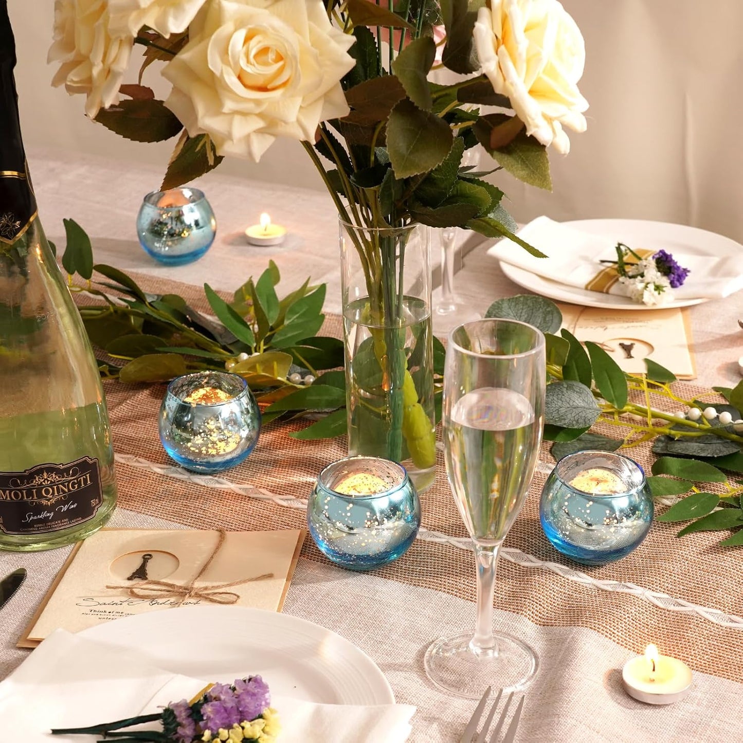 Homemory 24 Pcs Blue Votive Candle Holders, Round Mercury Glass Candle Holder, Tealight Candle Holders for Table Centerpieces, Baby Showe, Anniversary, Wedding, Home Decor, Halloween, Christmas