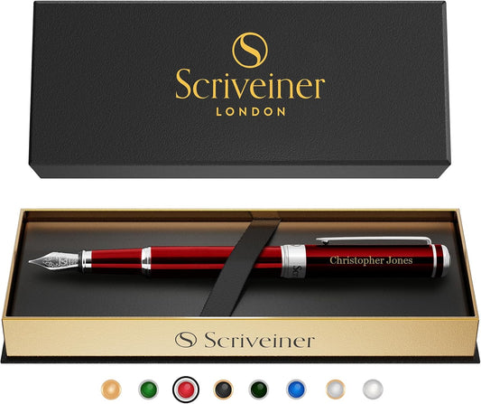 Scriveiner Personalized Deep Crimson Red Pen - Stunning Red Lacquer Luxury Pen with Chrome FinishGerman Schmidt Nib (Medium), Best Engraved Fountain Pen Gift Set for Men & Women, Name Engraving