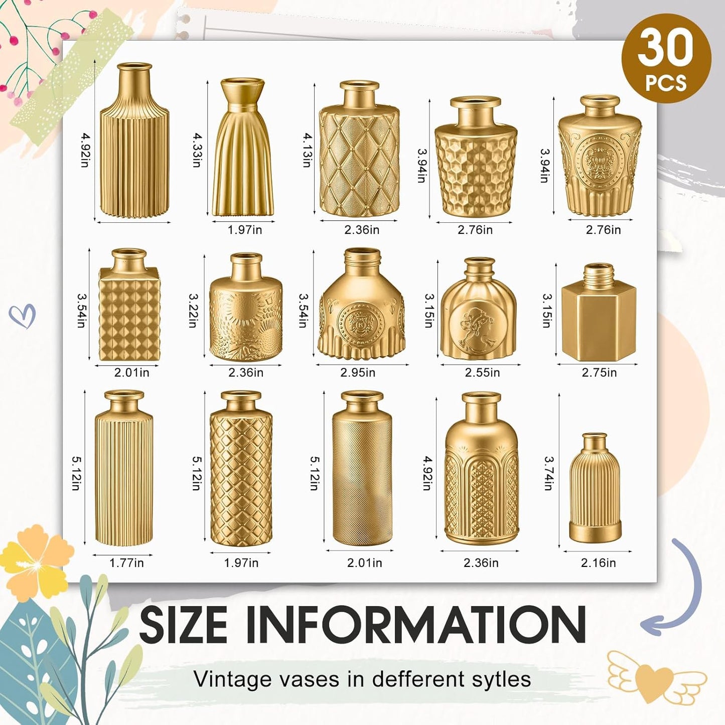 Yaomiao 30 Pcs Vases Bulk Colored Flower Glass Vases Bud Vintage Colored Glass Bottles Colorful Rustic Embossed for Home Wedding Table Decorations Gifts(Gold Series)
