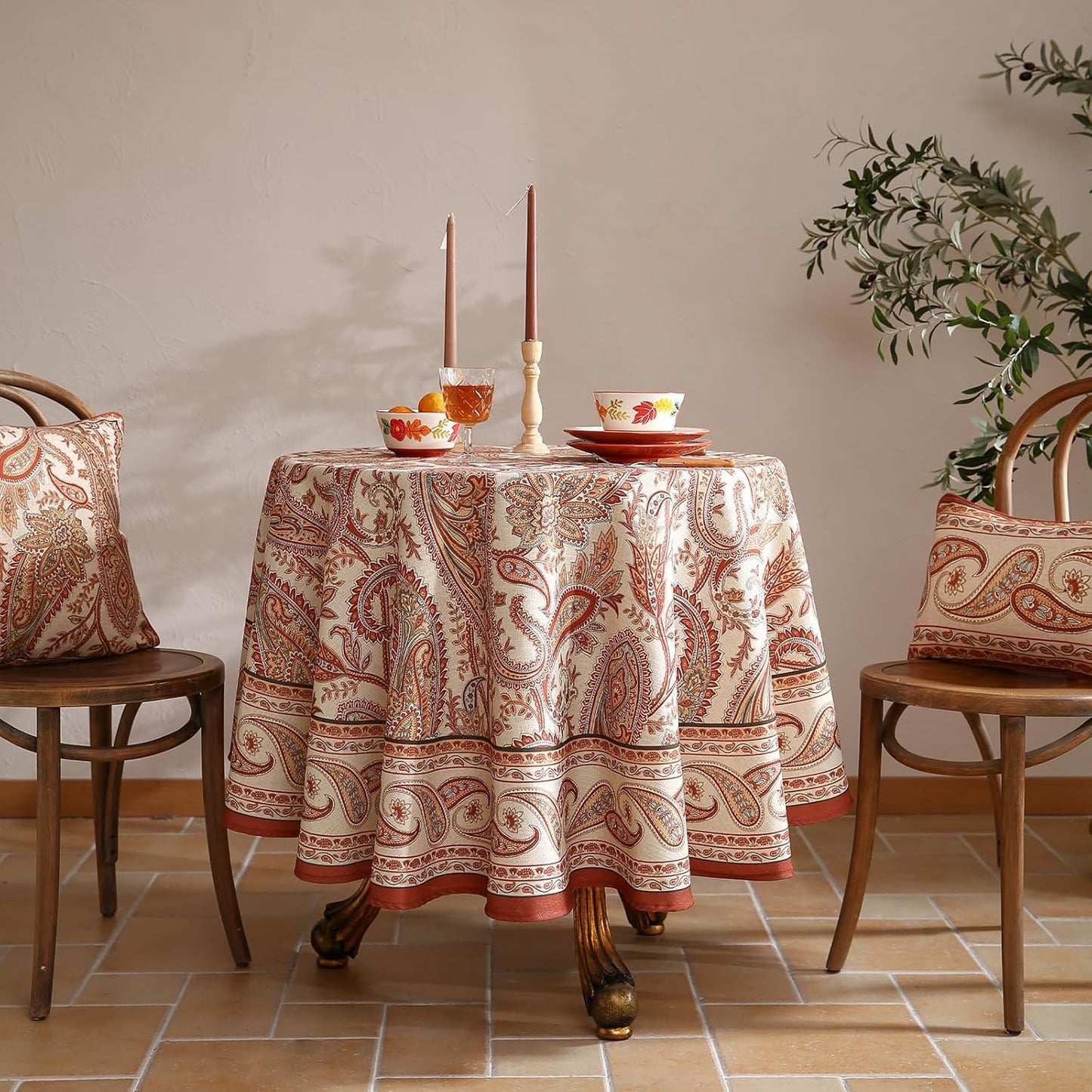 ISAENNE Designer French Red Round Tablecloth,Fall Linen Table Cloth with Cashew Pattern,Stain Proof Decor Tablecloths for Dining Thanksgiving Kitchen Christmas,Diameter 67"-Chauffrey D