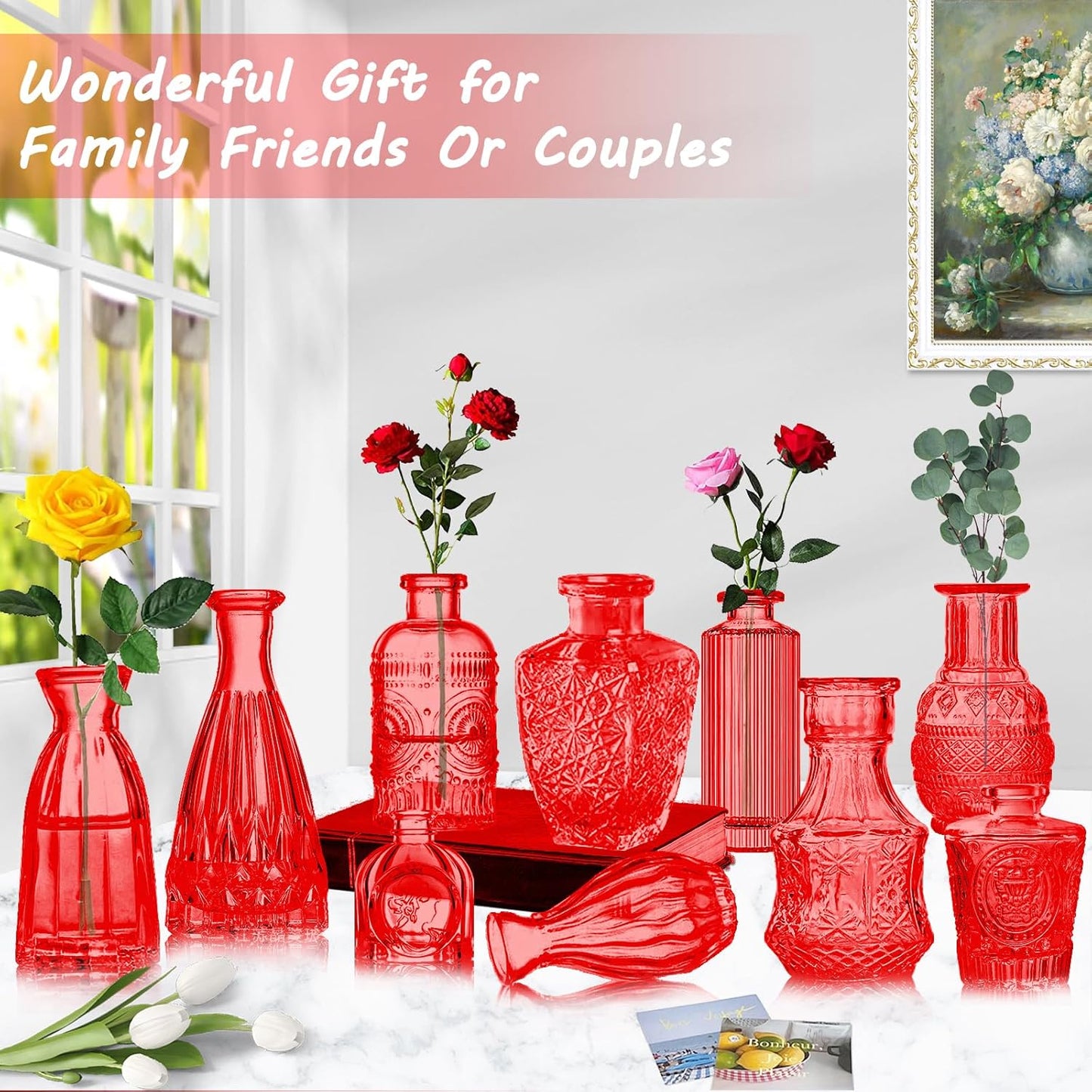 Red Glass Bud Vases Set, 24 Pcs Vintage Small Vases for Flowers, Crystal Mini Glasses in Bulk, Small Flower Design for Centerpieces Wedding Decorations Home Flower Party Decor