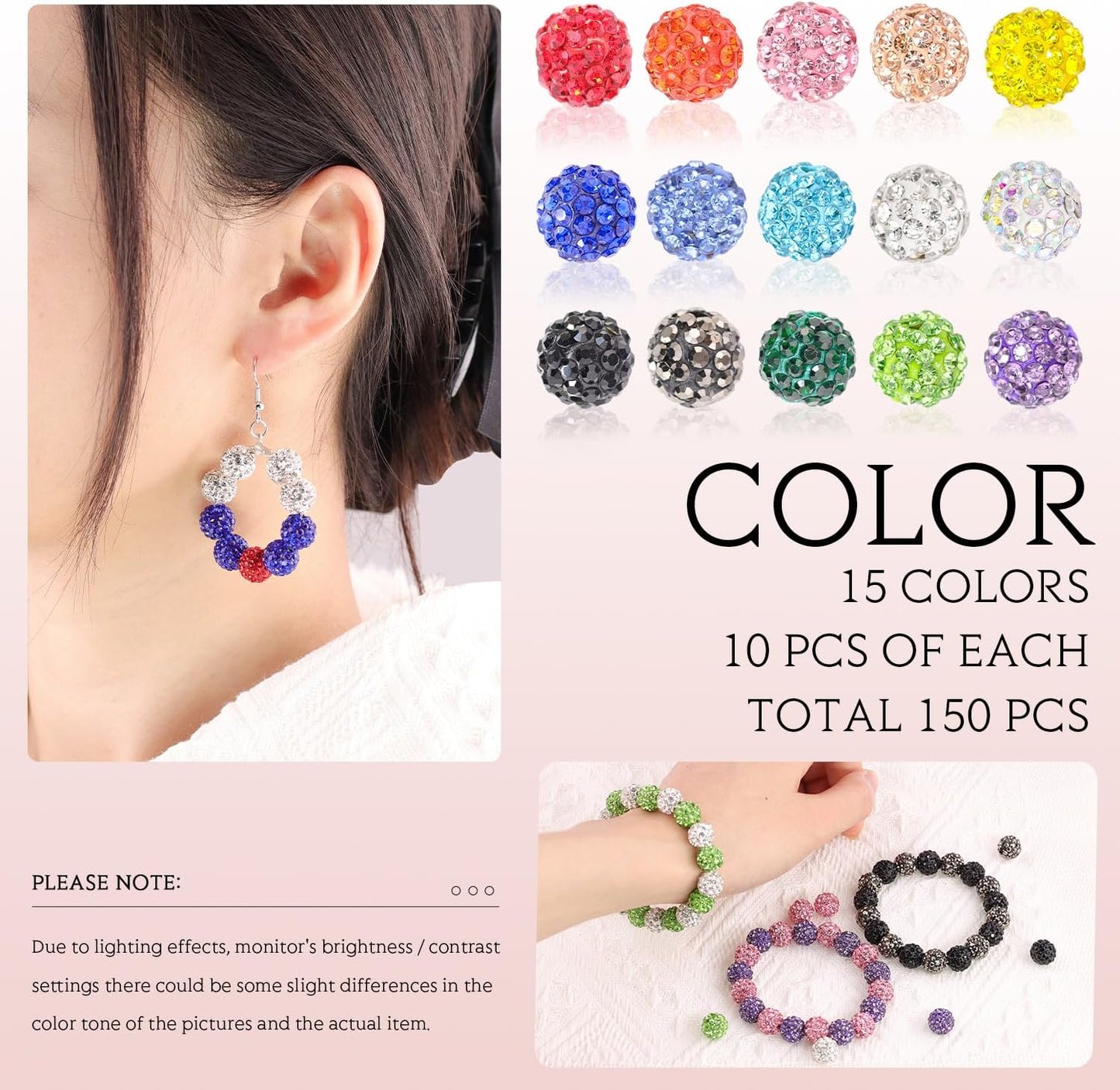 150 pcs 10mm Rhinestone Beads for Jewelry Making, 15 Mixed Colors Shiny Round Shamballa Disco Beads, Sparkle Crystal Clay Christmas for Bracelet Baseball Necklace Earring Crafting and DIY