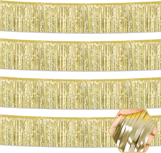 4 Pack 10 Feet Light Gold Foil Fringe Garland Metallic Tinsel Streamers Banner Wall Hanging Curtain Backdrop for Parade Floats, Wedding, Graduate, Mother's Day, Birthday Party Decoration