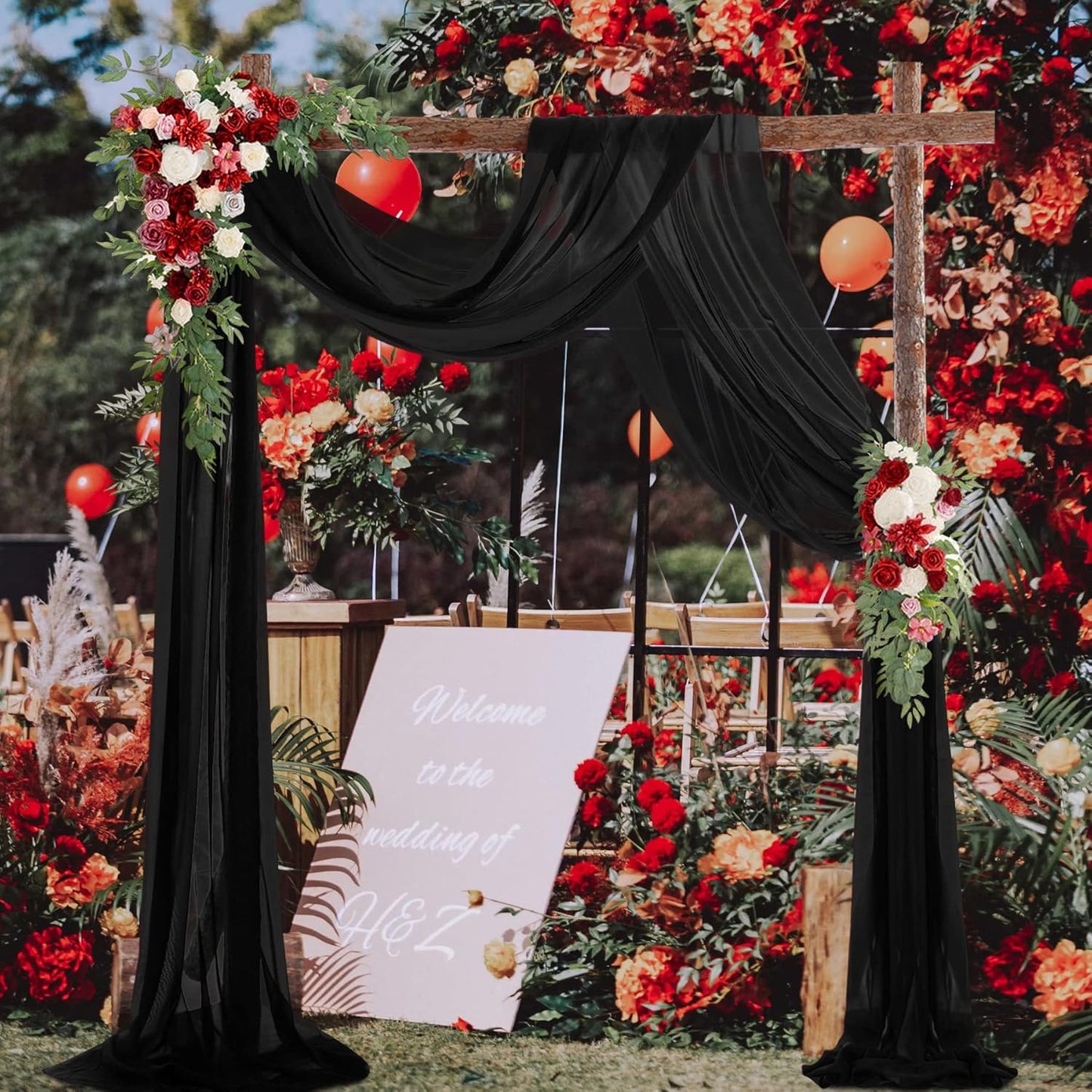 PARTISKY 10ftx10ft Black Chiffon Sheer Backdrop Curtains, Wrinkle-Free Wedding Backdrop Drapes for Birthday Party Ceremony Arch Stage Decor Background for Photography 5ft x 10ft,2 Panels