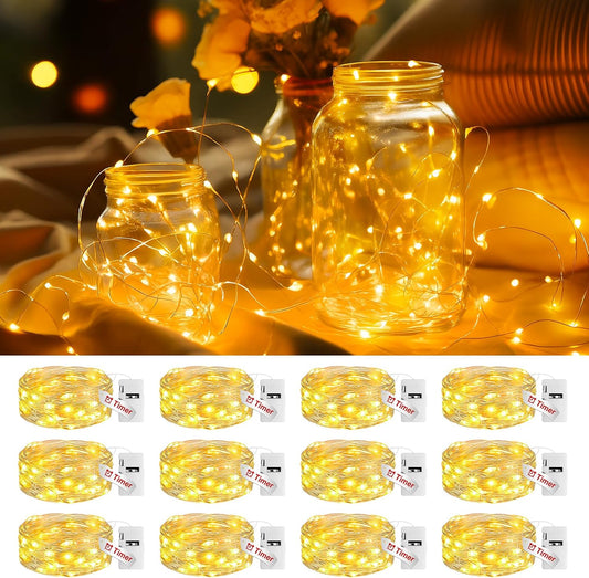 Litogo 12 Pack Fairy Lights Battery Operated with Timer, 20 LED 3 Modes Twinkle Light, 7ft Waterproof Silver Wire Mini Small Bulk Mason Jar String Light, Decor for Wedding Centerpieces Party Christmas