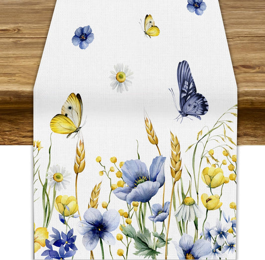 Floral Table Runner, Spring Watercolor Flower Plants Nature Butterfly Table Runner for Kitchen Dinner Living Room Home Party, 13x36 Inch