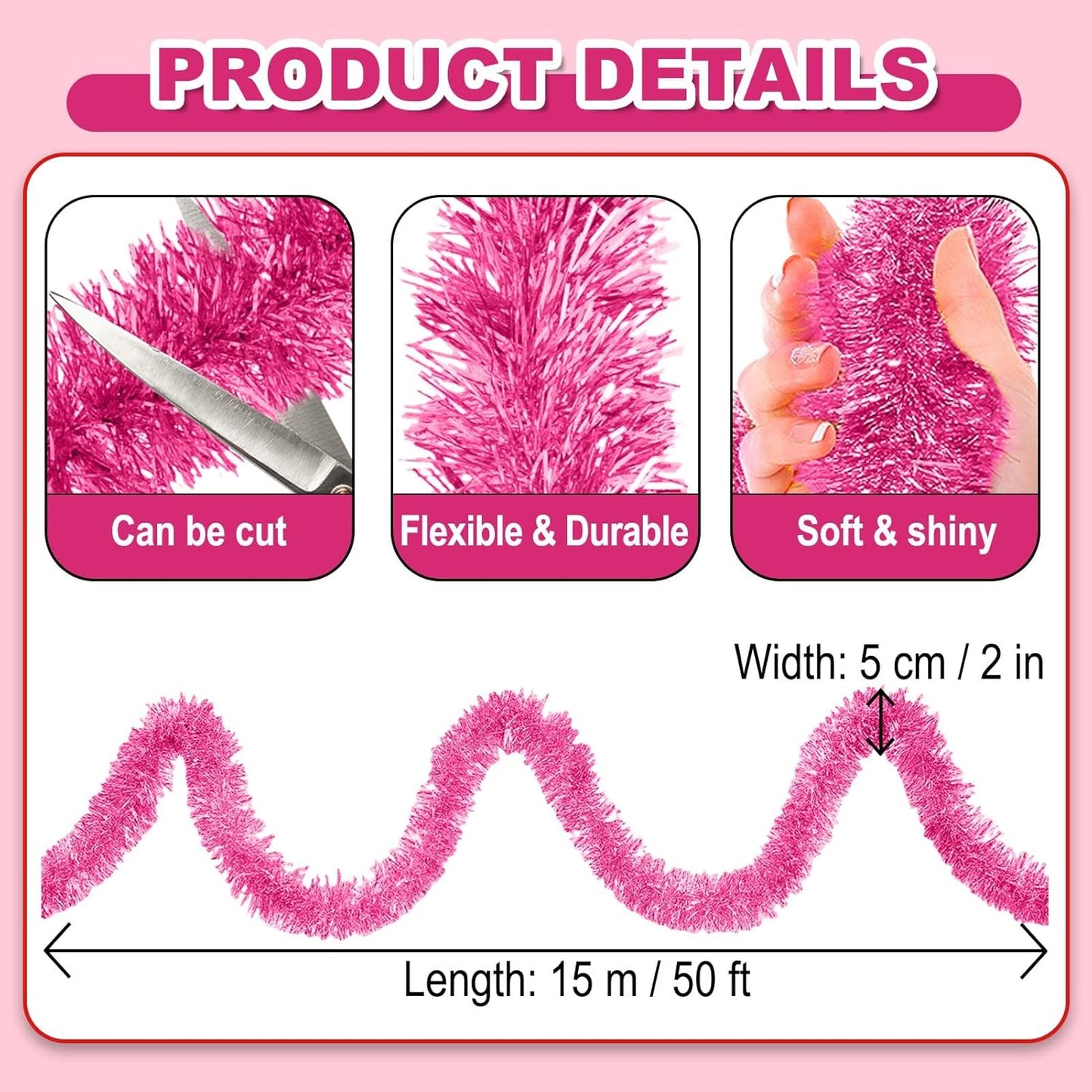 50 Feet Christmas Foil Fringe Banner Metallic Tassle Garland Metallic Backdrop Parade Floats Shiny Hanging Ceiling, Valentine's, Wedding, New Year Party Decorations(2" x 50', Pink)