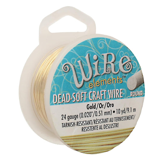 The Beadsmith Wire Elements Craft Wire – Tarnish Resistant, Soft Temper, Round, Gold Color – 0.51mm, 24 Gauge, 10 Yard Spool – Jewelry Making, Wire Wrapping, Floral, & Other DIY Crafts
