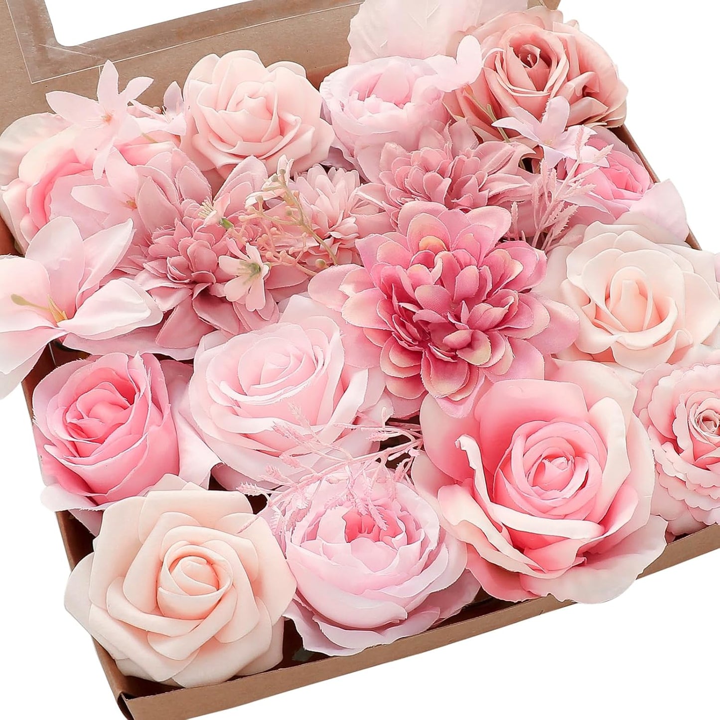 Floroom Blush Pink Artificial Flowers Fake Roses Peonies Dahlias and Greenery Combo Box Set for DIY Wedding Bouquets Bridal Shower Centerpieces Floral Arrangements Party Tables Home Decorations