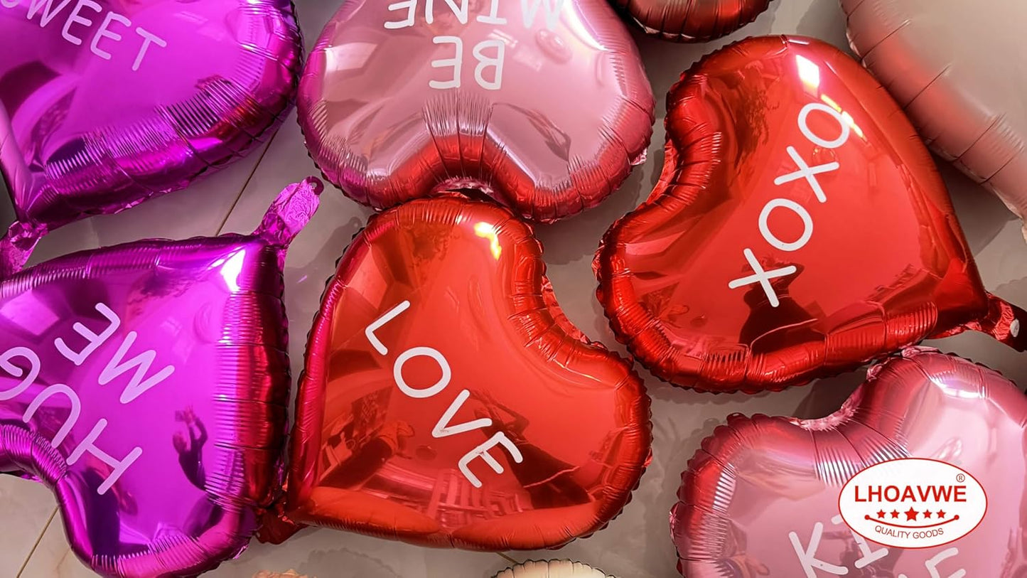 12 Pcs Red Heart Shaped Balloons 18 Inch XOXO | LOVE | SWEET Valentine Balloons for Valentines Day Bridal Shower Wedding Party Decorations (Red,Pink, Hot Pink)