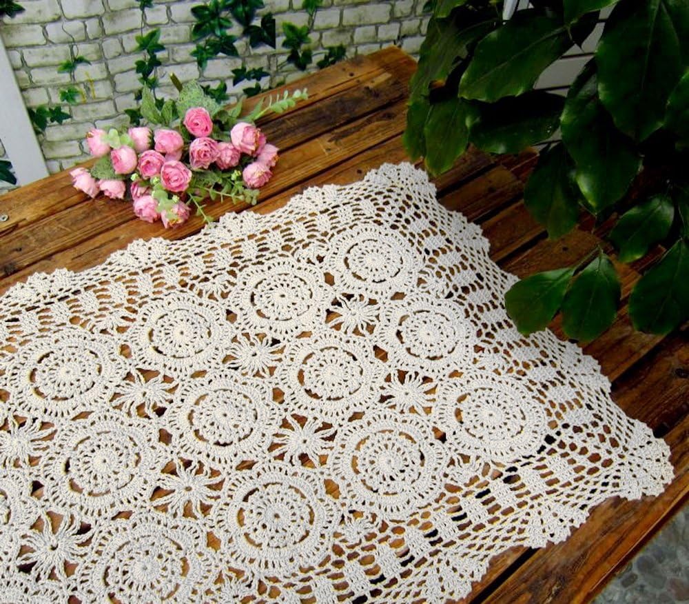 Cotton Handmade Crochet lace Table Runners Rectangular Tablecloth Doilies Doily Table Dresser Scarf Décor,19x35Inch,White