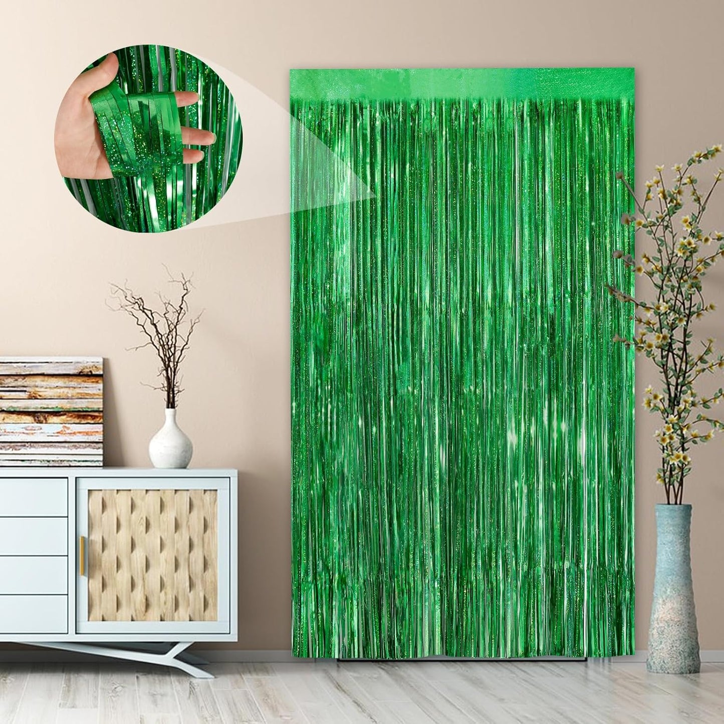 Green Party Streamers 2Pack Foil Fringe Curtains 3.3 x 8.3ft Door Streamers Metallic Tinsel Curtain New Year Party Decors Glitter Streamers Decors Photo Booth Tinsel Streamers Birthday Party Decors