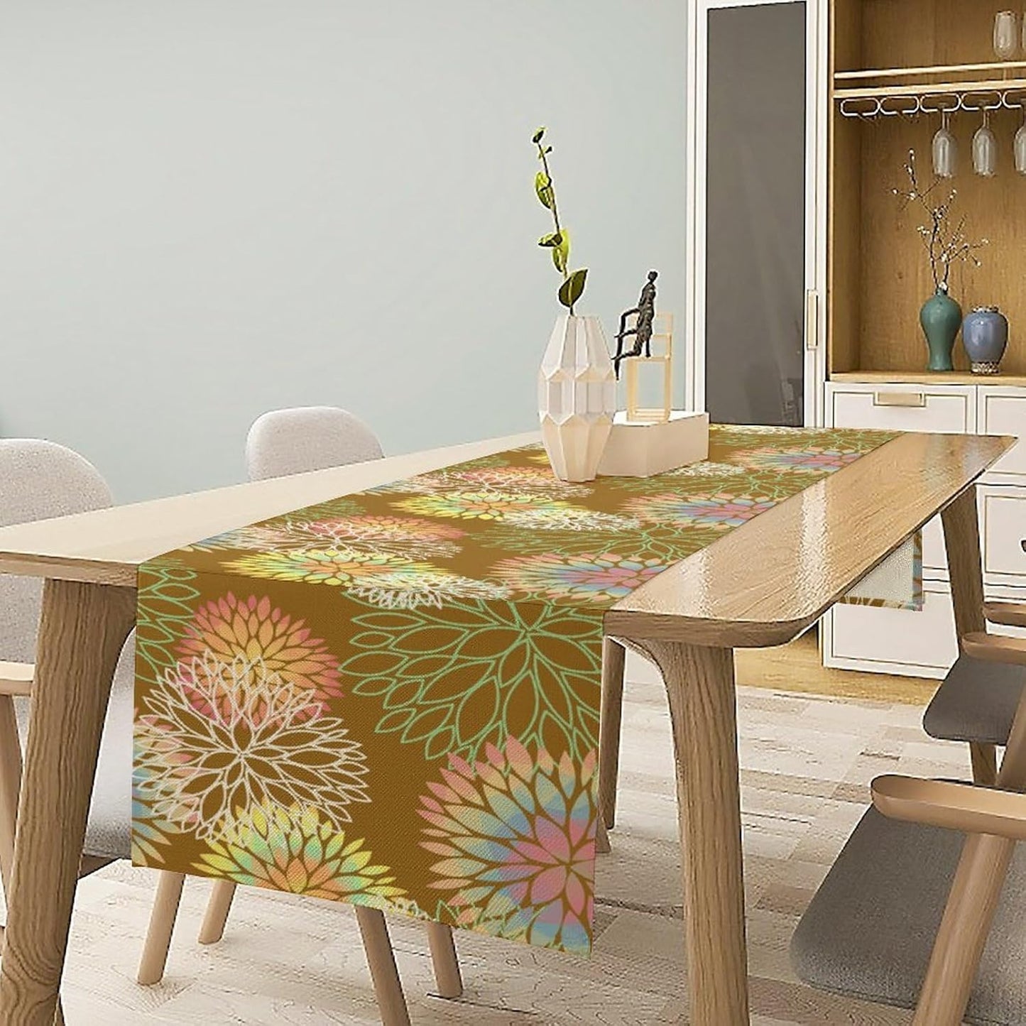 Brown Grey Dahlia Flower Table Runner, Linen Geometric Pattern Floral Table Decor Spring Farmhouse Decorations for Kitchen Dining Holiday Party Decor, 13x120 Inch