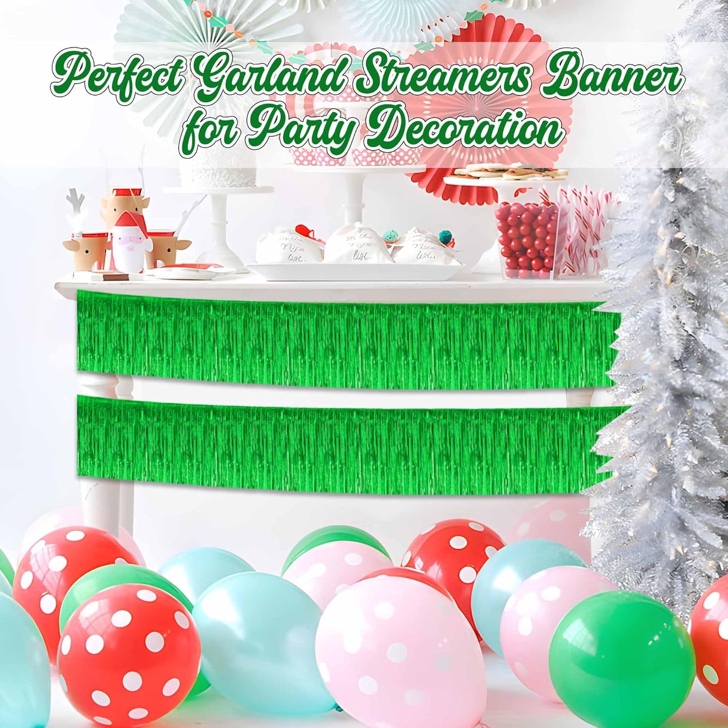 6 Pack 10 Ft Green Foil Fringe Garland Metallic Streamers Tinsel Banner Wall Hanging Garland Backdrop for Parade Floats, Halloween, Christmas, Thanksgiving, New Year Party Decorations