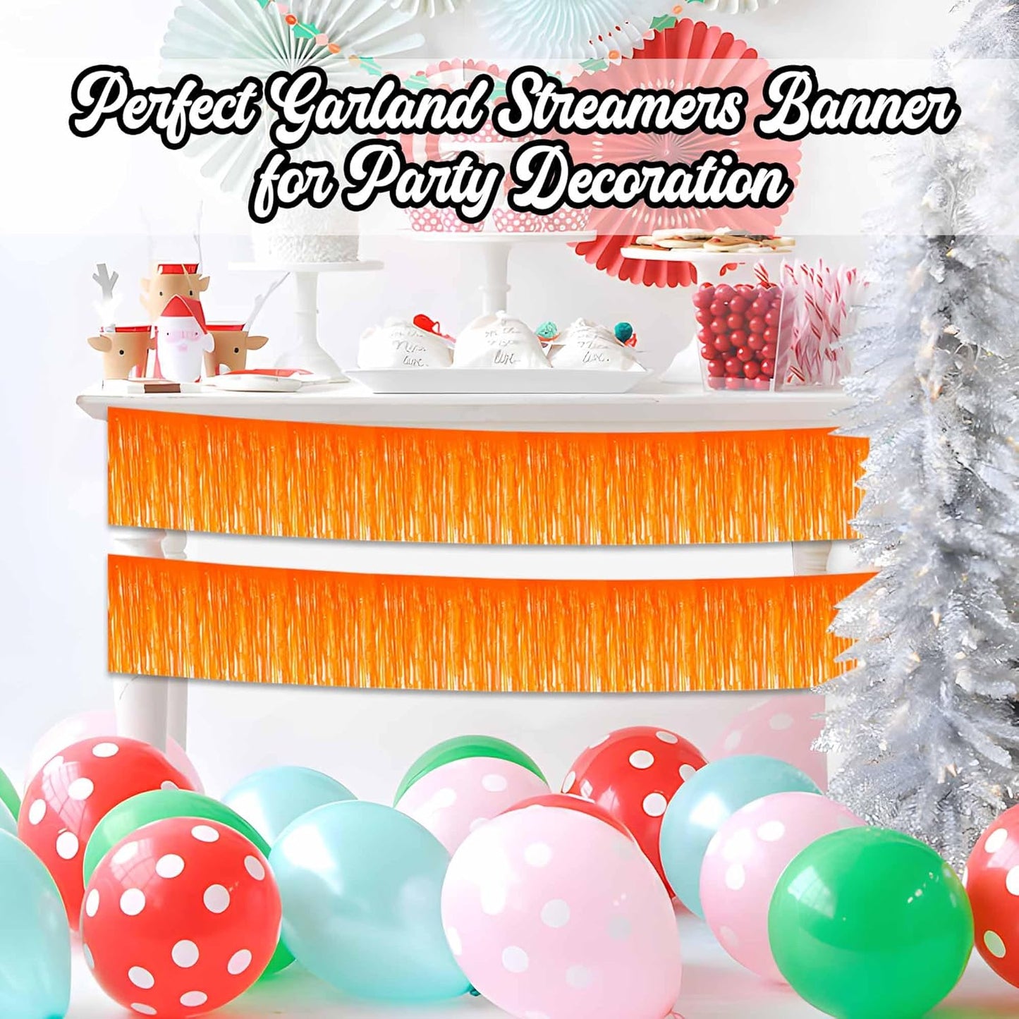 4 Pack 10 Ft Macaron Orange Foil Fringe Garland Metallic Streamers Tinsel Banner Wall Hanging Garland Backdrop for Parade Floats, Halloween, Christmas, Thanksgiving, New Year Party Decorations