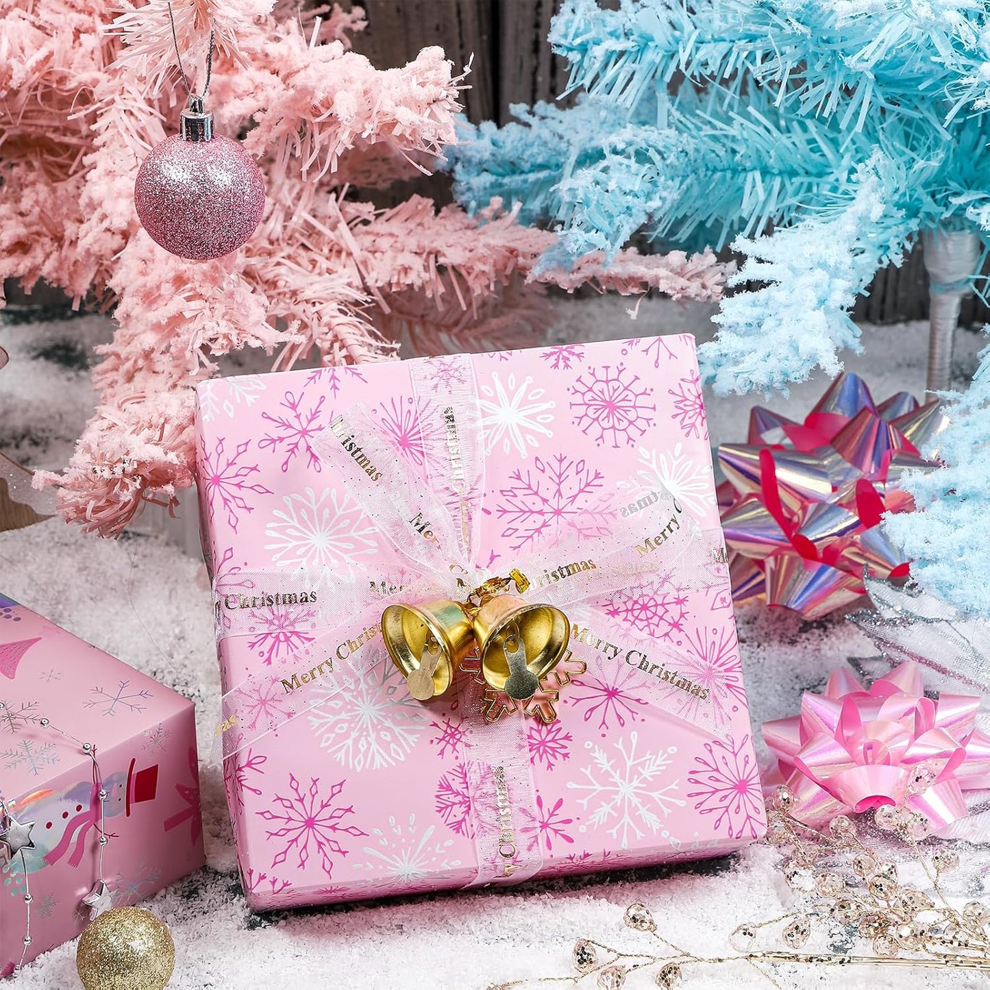 LeZakaa Christmas Pink Wrapping Paper Jumbo Roll, Snowman Christmas Tree & Snowflake Metallic Foil, Rose Gold Foil Reversible Design for Festive Winter Holiday, Family Gathering, 30 inches x 100 Feet
