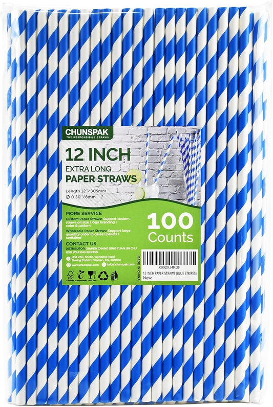12 Inch Disposable Paper Drinking Straws Large and Tall, 8mm Wide - for Long Drinks, Smoothies, Milkshakes - Blue, 100 Counts - Eco-friendly