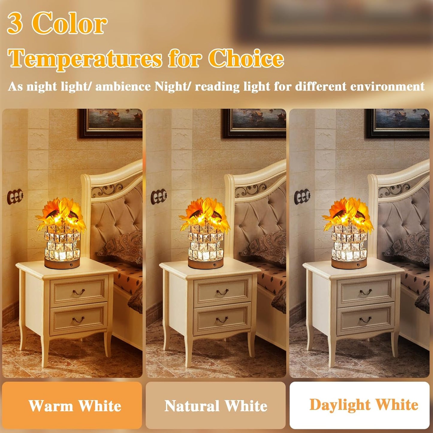 Birthday Gifts for Women/Mom Sunflower Cordless Table Lamp,3 Color Crystal Lamps Touch Bedside Lamps Infinitely Dimming with USB Charge Small Night Light,Nightstand Lamp for Bedroom (Square)