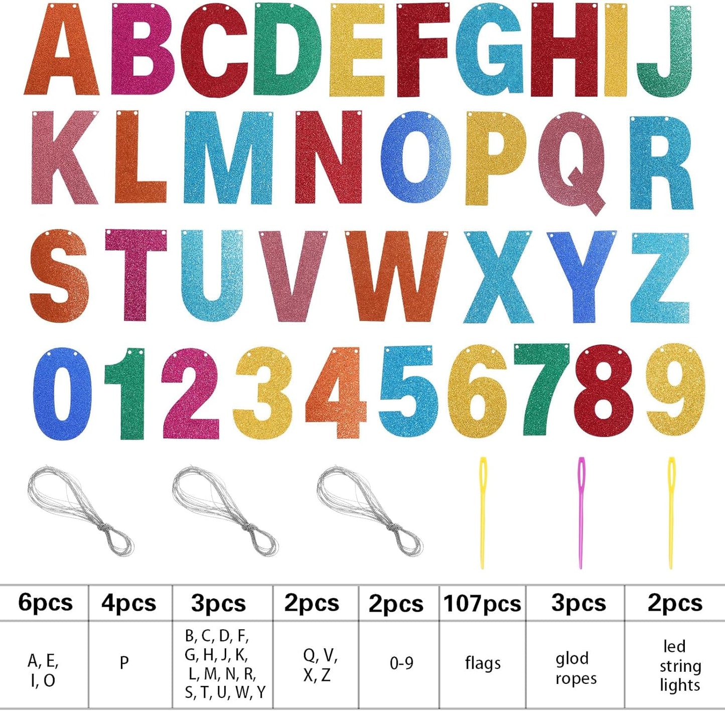 TaoBary 112 Pcs DIY Letter Custom Banner Glitter Customizable Banner Kit Including 107 Letters and Numbers 3 Rope for Valentine Birthday Party(Rainbow)