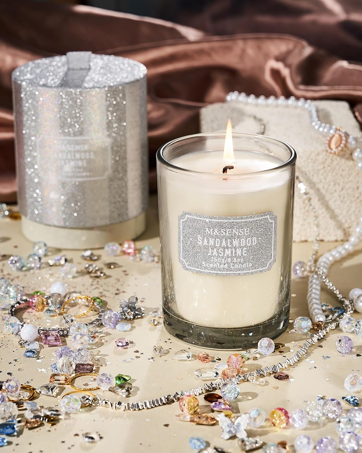 M&SENSE Sandalwood Jasmine Scented Candles, Classic Size 8.8 oz Glitter Jar, Holiday Natural Candles Gifts for Women, 50 Hours Long Burning for Winter Home Decor