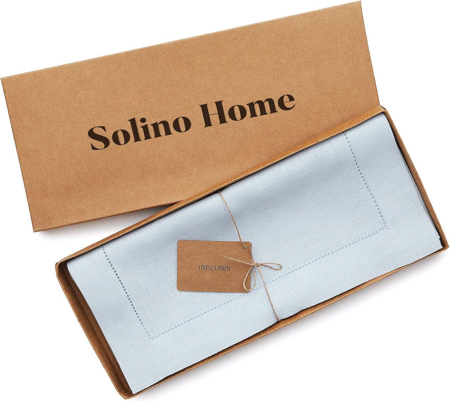 Solino Home Linen Light Blue Table Runner 36 Inches - Classic Hemstitch, 100% Pure Linen Coffee Table Runner 14 x 36 Inch Ideal for Dresser Tables