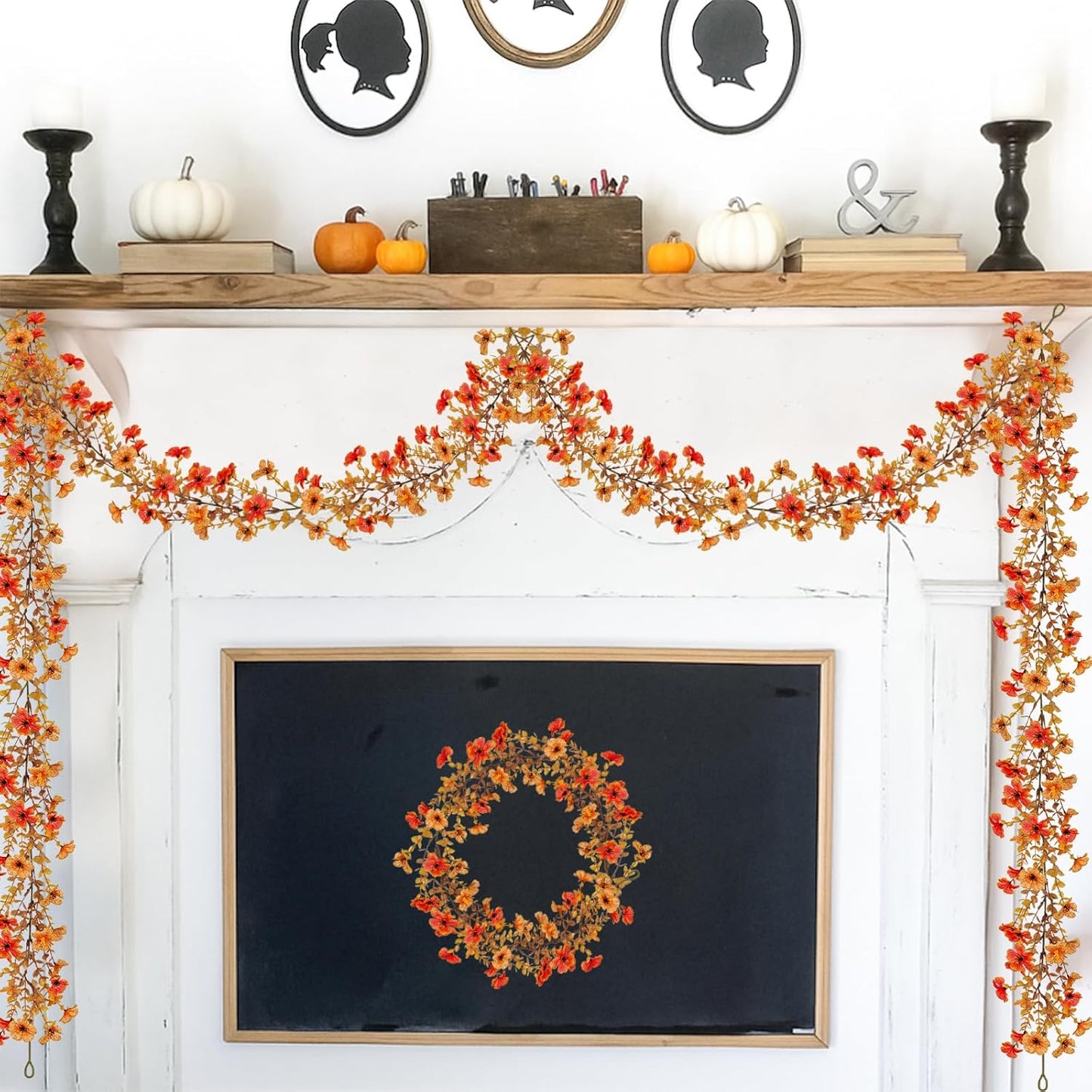 2 Pack Artificial Fall Flowers Garland, 6 FT Fall Decorations UV Resistant Fake Mums Floral Vines Faux Hanging Flower Ivy Garland for Home Party Table Wall Decor (Orange + Autumn Yellow)