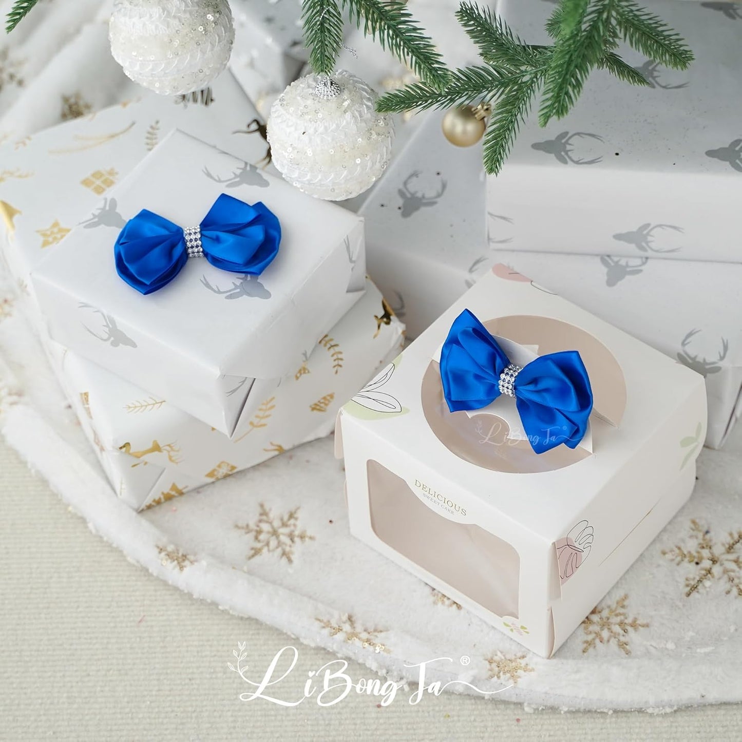 Royal Satin Bows 4'' Premade Blue Ribbon Bow, Gift Bows with Rhinestone, Wrapping Bows for Presents, Greeting Cards, Treat Bags, Wine Bottles, Valentines Bows for Gift Wrapping-12 Counts