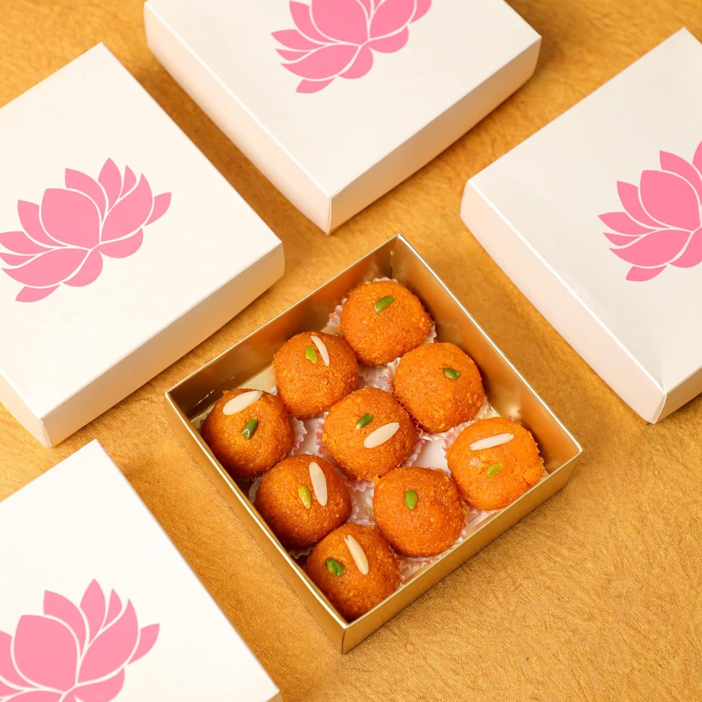 Lotus Printed White Sweet Boxes for Indian Sweets, Cookies, Goodies, Mithai, Candy, Gift Boxes with Lids Bulk, Handmade Bulk Mithai Box, Favor Boxes for Wedding, 2.95x5.51 Inch (Pack of 4)