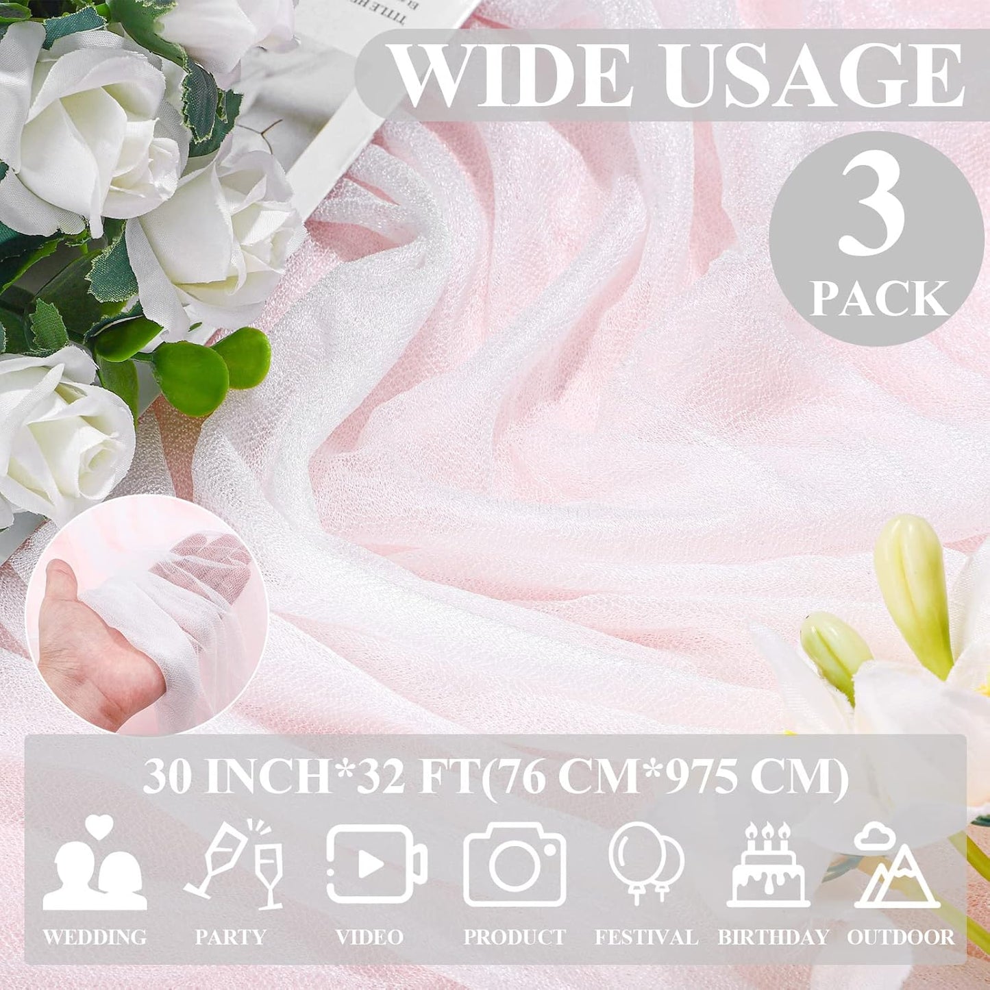Wedding Arch Draping Fabric 3 Panels 30" x 32 ft White Wedding Arch Drapes for Ceremony Chiffon Fabric Drapes Arbor Drapery Decorations for Reception Sheer Backdrop Curtains for Party Ceremony