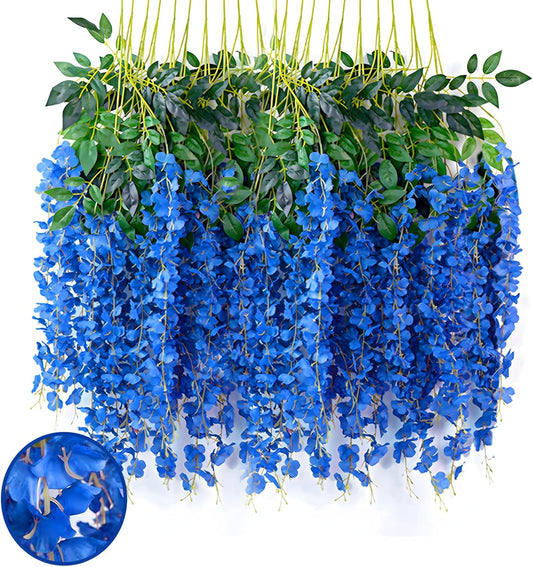 24 Pack Royal Blue Wisteria Hanging Flowers Garland, 3.77 Feet Artificial Flower Vines, Fake Wisteria, Artificial Vines Hanging Garland for Backdrop Outdoor Yard Garden Decor