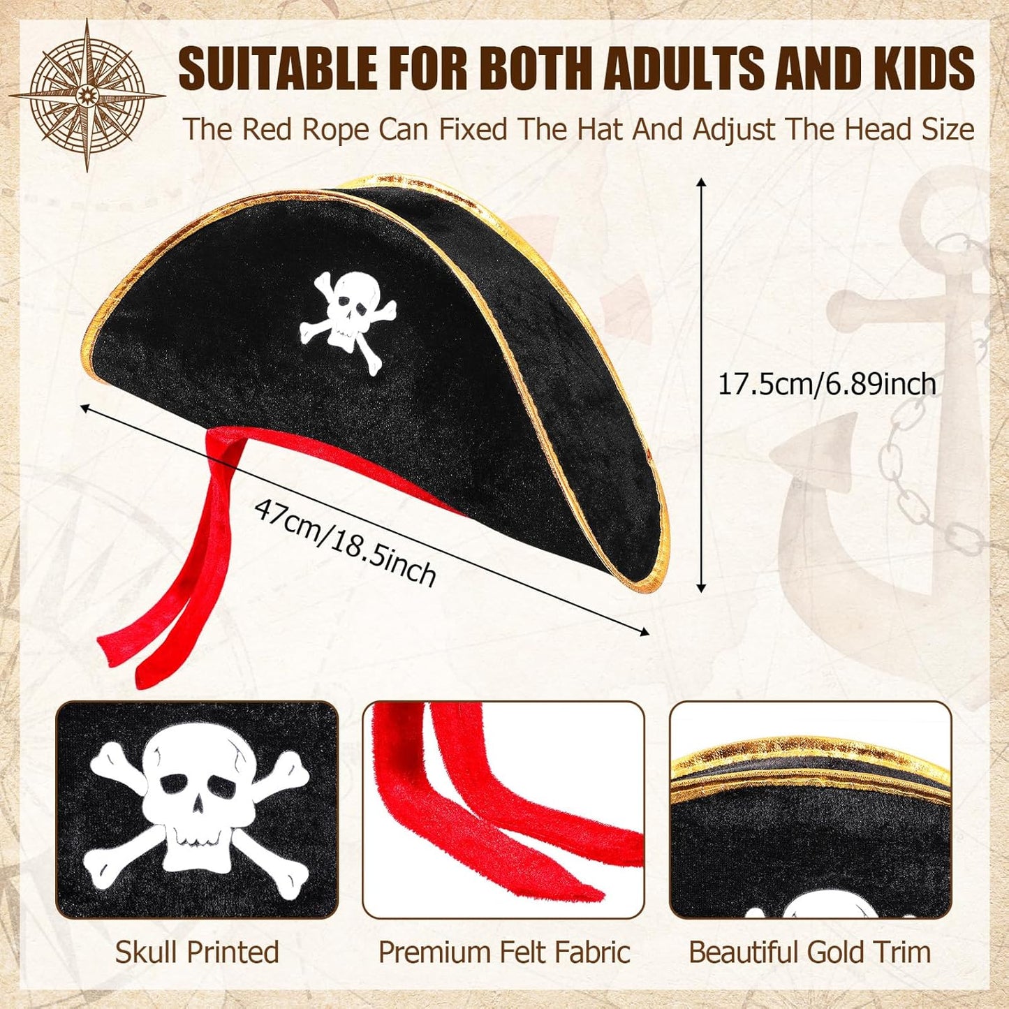 Hsei Pirate Hat Pirate Accesseries Hats for Adult Captain Caps with Skull Print for Masquerade Cosplay, Funny Party Supplies