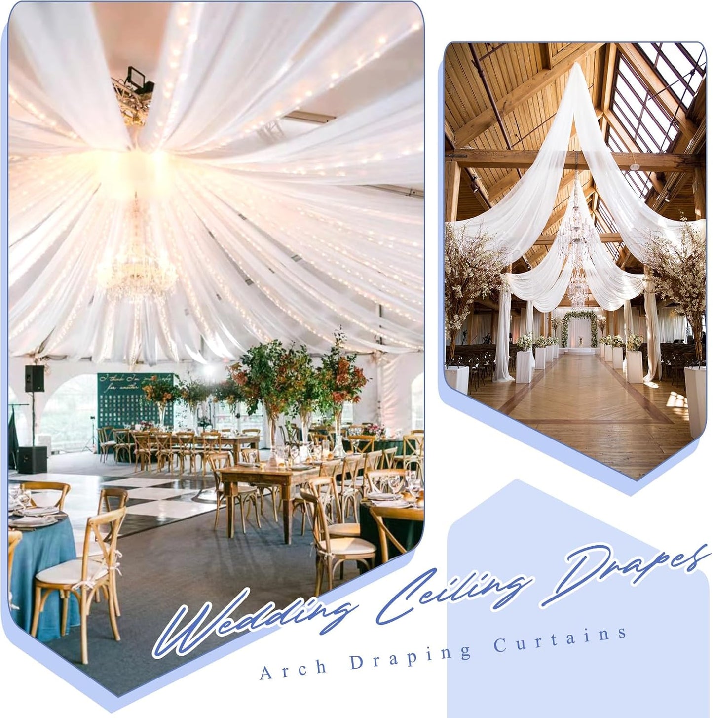 4 Panels White Ceiling Drapes for Wedding 5ftx20ft Chiffon Fabric Arch Draping Curtains for Party Ceremony Birthday Baby Shower Reception Stage Ceiling Decorations