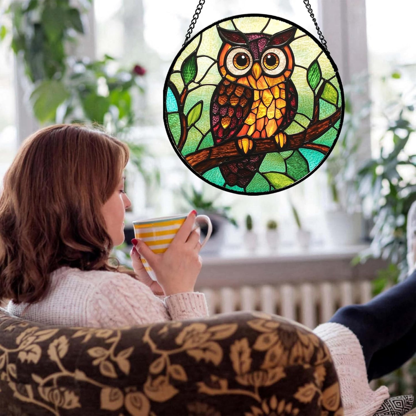 Stained Glass Window Hanging - Owl on a Branch Suncatcher for Doors Window Home Orange Brown Sun Catchers Decor Christmas Mother's Day Birthday Gifts for Teacher Women Men Mom Nana 6.3 in