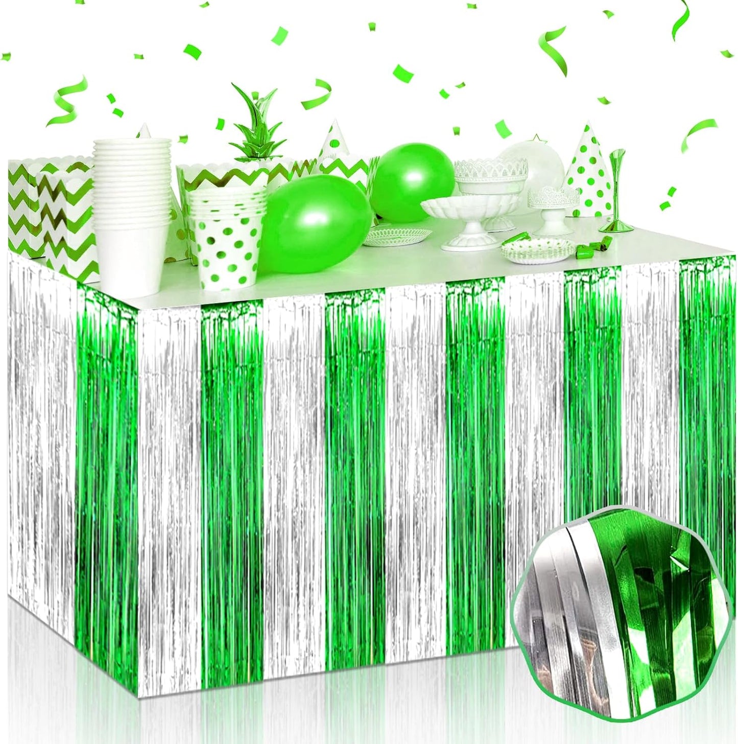 3 Pack 29 x108 Inch Silver Green Foil Fringe Table Skirts Metallic Banner for Tinsel Streamer Garland Backdrop for Parade Floats Wedding Thanksgiving Birthday Christmas New Year Party Decoration