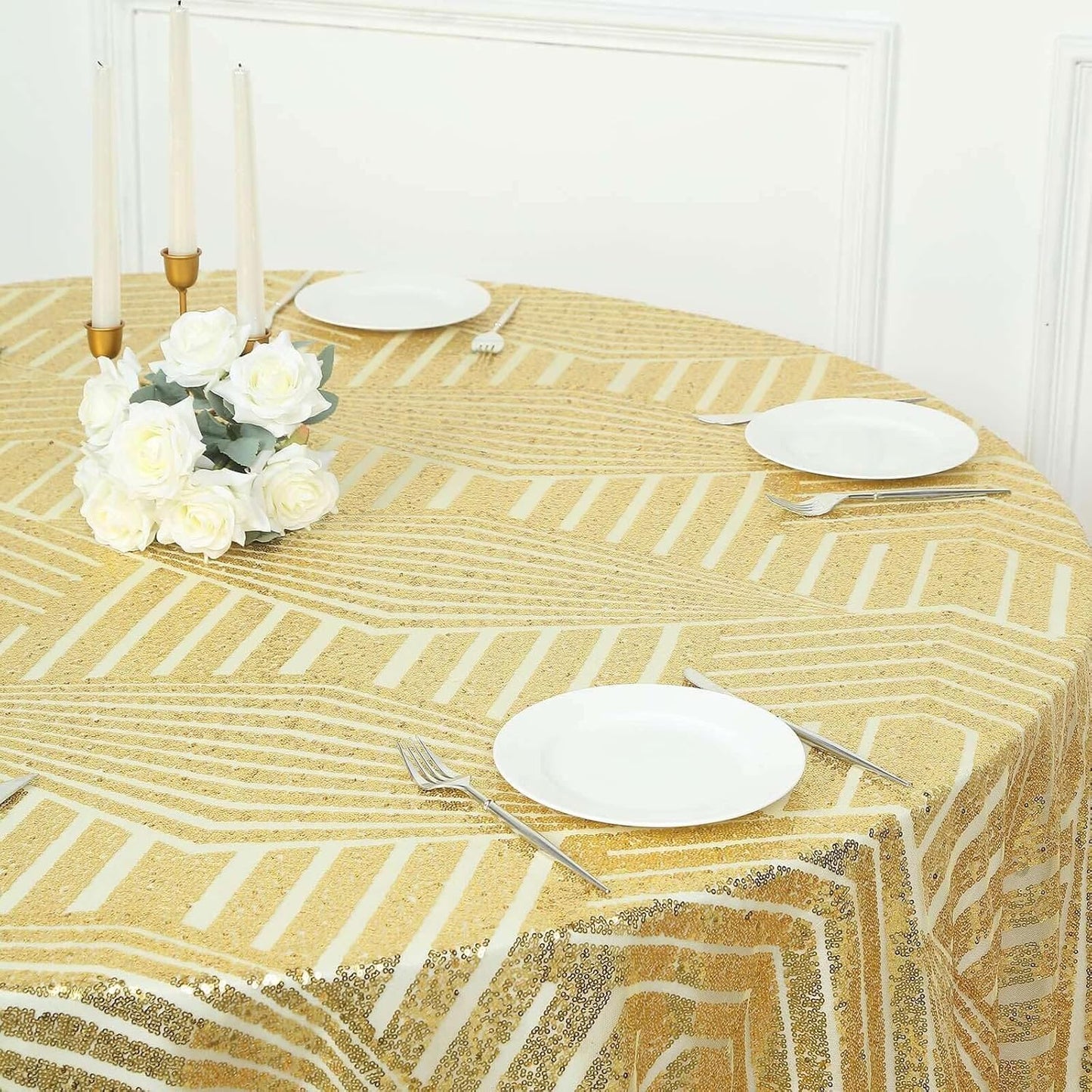 Efavormart 120" Gold Sparkly Sequin Geometric Tulle Round Tablecloth