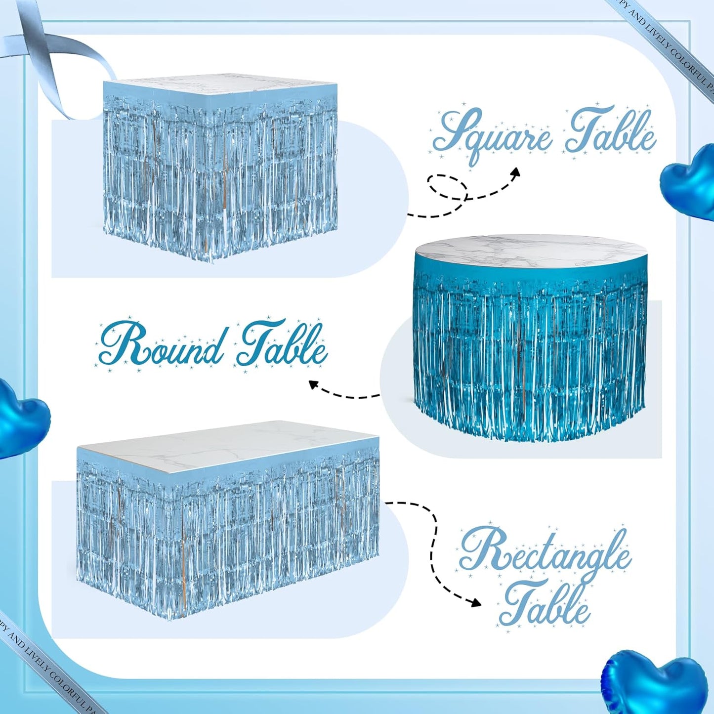 2 Pack Light Blue Lake Blue Table Skirts, 29x108" Metallic Foil Tinsel Fringe Table Skirt for Rectangle Tables Streamer Curtains Backdrop, Party Decorations for Birthdays, Weddings, Holidays