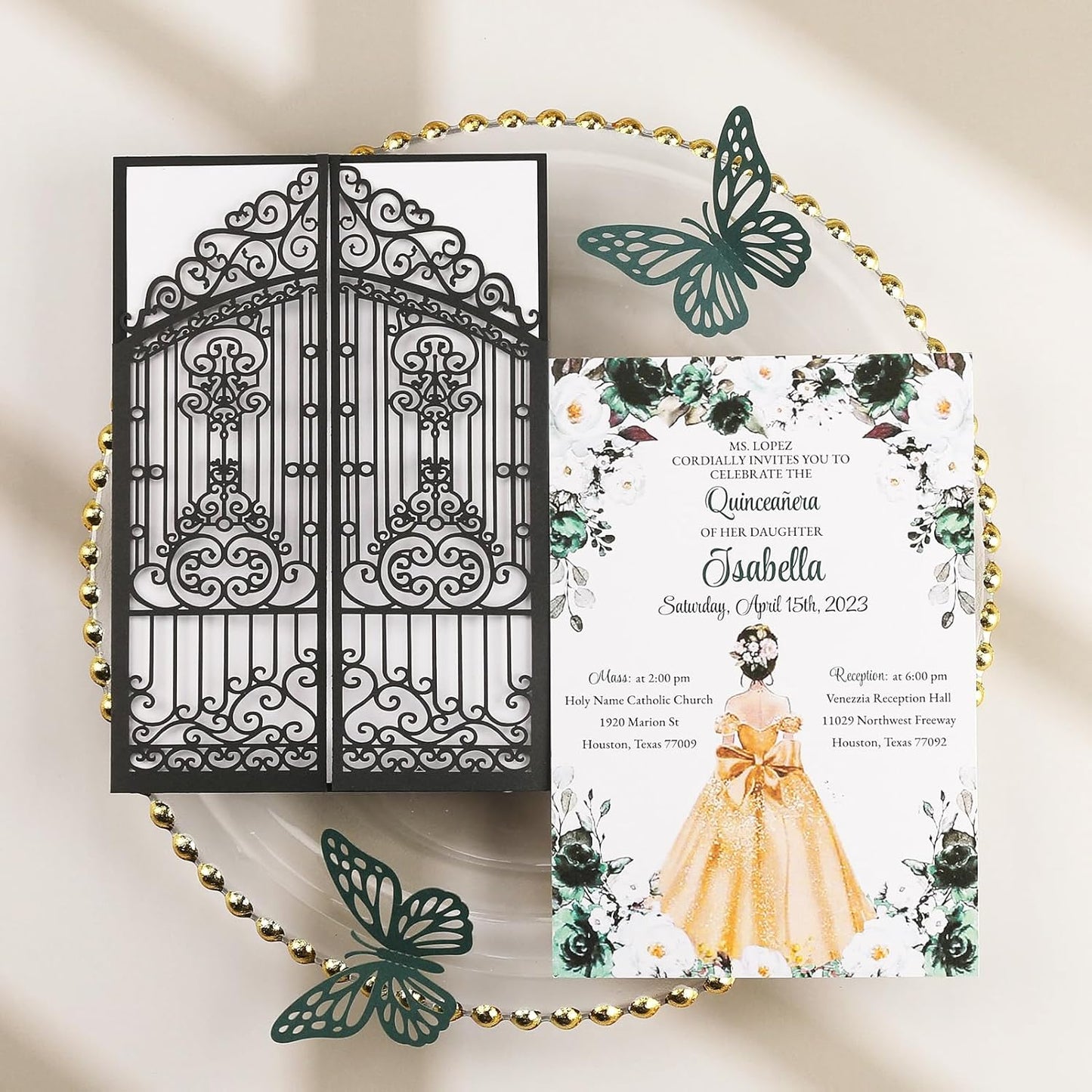 50Pcs Wedding Invitation Kit Black Fences Fold Laser Cut Invitation Pocket Personalized Wedding Card and Rsvp Card for Wedding Engagement Mermaid Birthday Party Invites