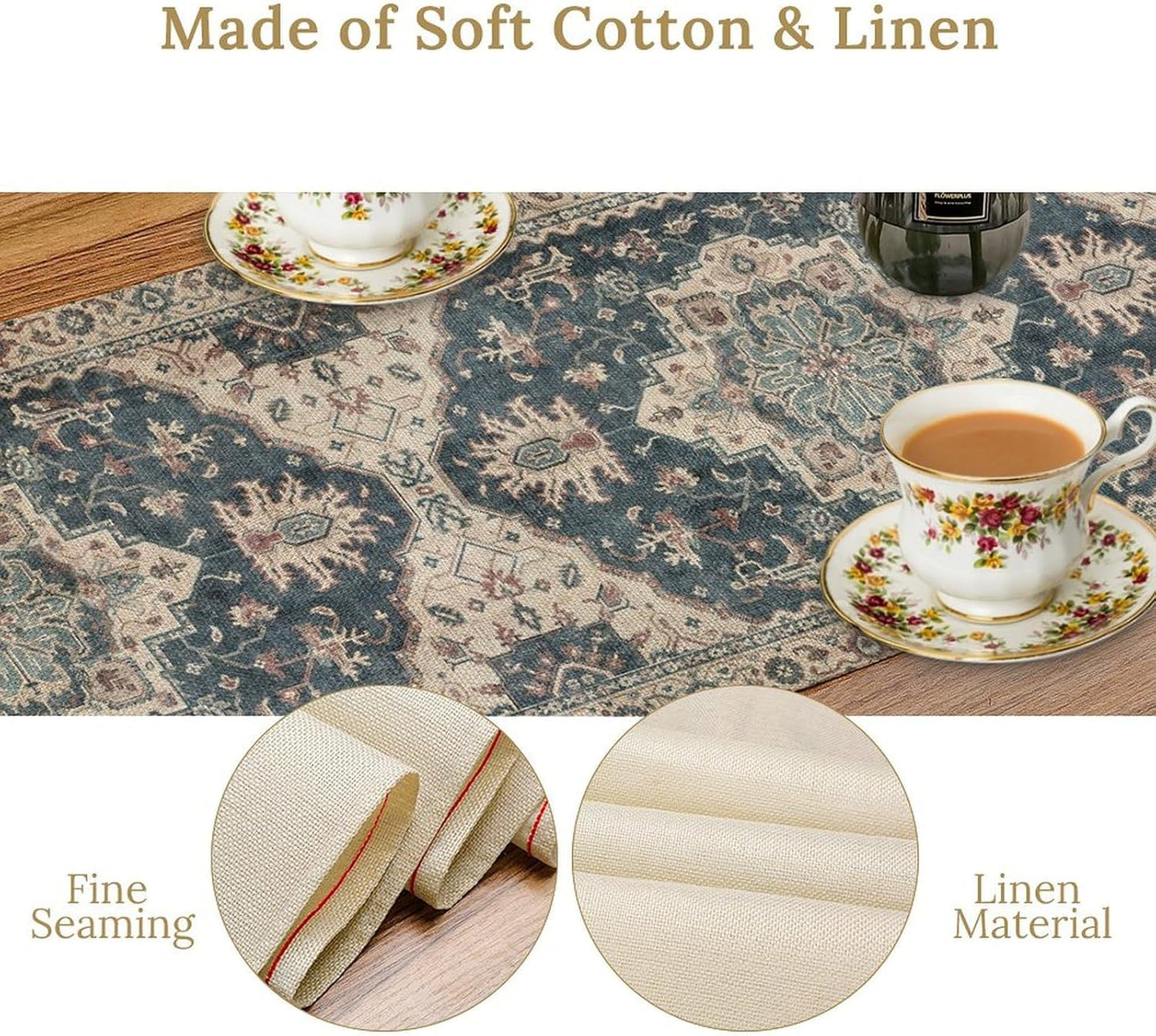 Boho Bohemia Style Table Runner, Vintage Blue Retro Flower Rustic Country Style Floral Print Pattern for Home Kitchen Table Decor Dining Coffee Room Garden Party Decor 13x120in