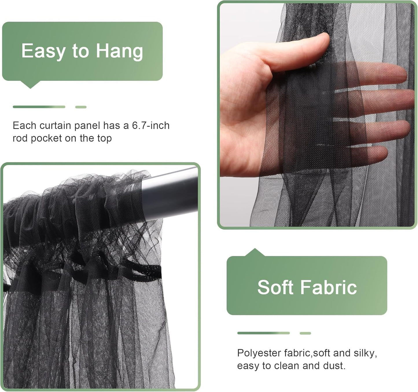 Tulle Backdrop Curtain with Lights String 10FT X 8FT Black Sheer Tulle Backdrop Curtains for Wedding Birthday Party Reception Photo Booth Background Decorations (2 Panels 5x8FT)