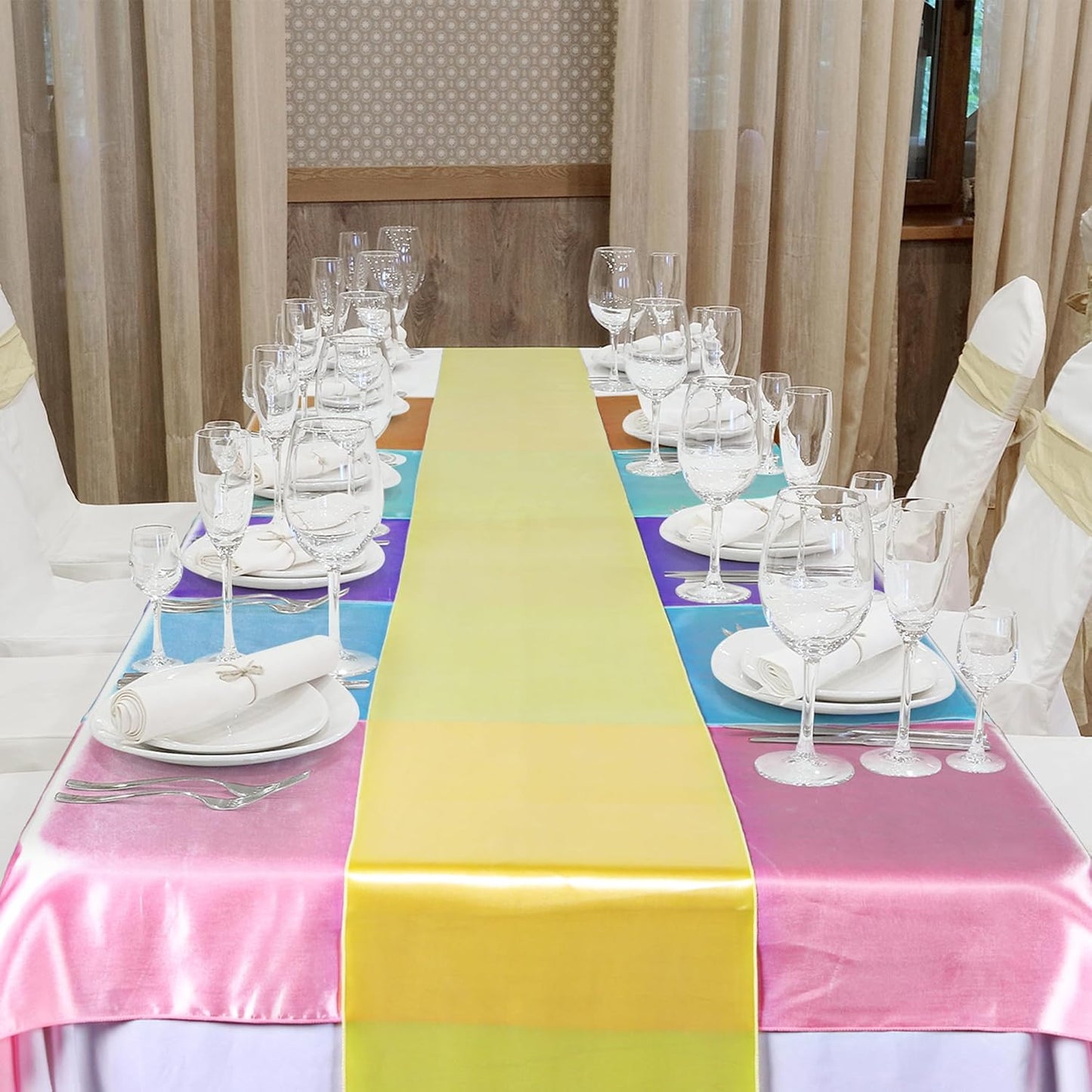 Aneco 12 Pack Satin Table Runner 12 x 108 Inch Pastel Rainbow Long Wedding Satin Silk Table Runner for Wedding Banquet Graduations Birthday Party Decoration
