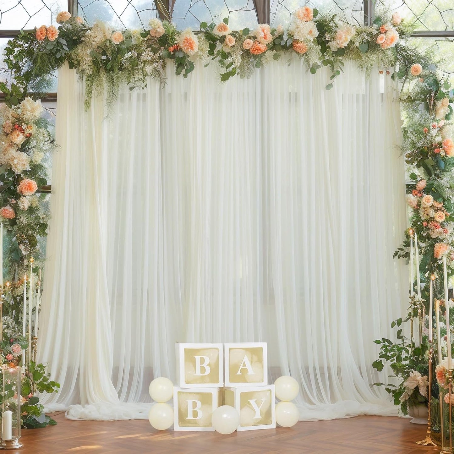 10x10ft Ivory Tulle Backdrop Curtain for Parites, Sheer Backdrop Curtains for Wedding Baby Shower Birthday Party Photo Shoot Decorations