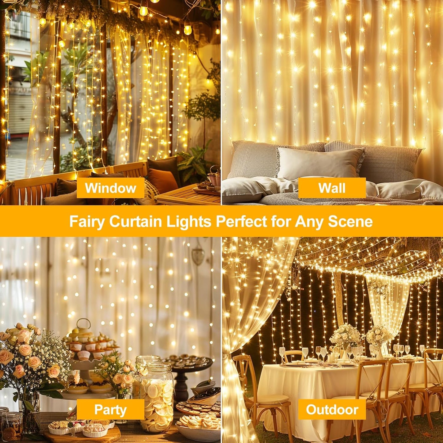 Fairy Curtain Lights Upgraded Tangle-Free Warm White USB Plug in 8 Modes String Hanging Lights with Remote for Christmas, Bedroom, Indoor, Outdoor, Weddings, Party (10 FT x 6.6 FT)
