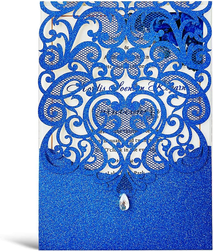 Hosmsua 50pcs Personalized Wedding Invitation Kit 5.12 x 7.3 Inch Royal Blue Laser Cut Flora Rehearsal Wedding Invitations with Envelopes for Quinceañera Bridal Shower Invite