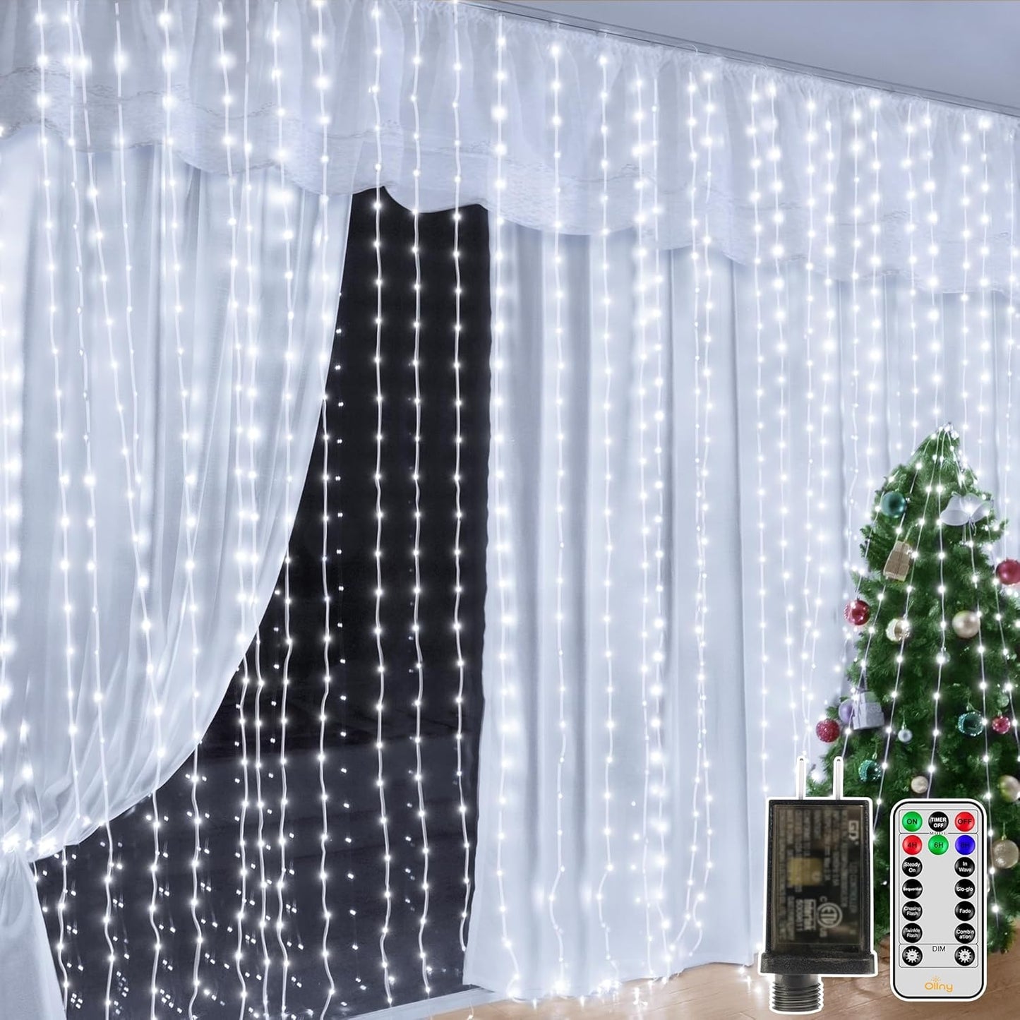 Ollny Curtain Lights 600LED 19.7ft x 9.8ft, IP67 Waterproof Outdoor Curtain Rice Lights with Remote, Plug-in Untangle Fairy Curtain Light with 8 Modes 3 Timers for Wall Backdrop Decor(Cool White)