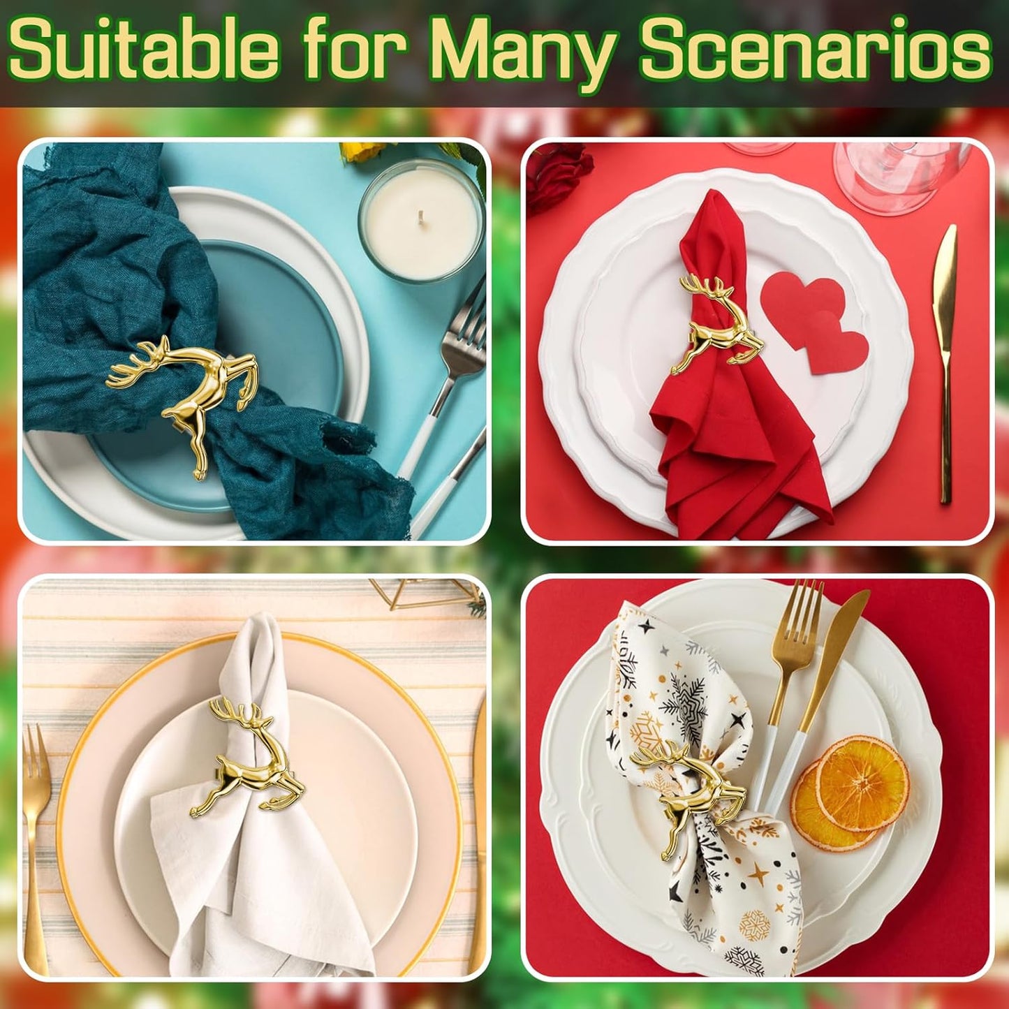 ZeeDix Gold Reindeer Christmas Napkin Rings Set of 12, Napkin Holder Ring for Christmas Dinner Table Decor Cloth Napkins, Wedding Receptions, Holiday Party, Banquet and Home Kitchen