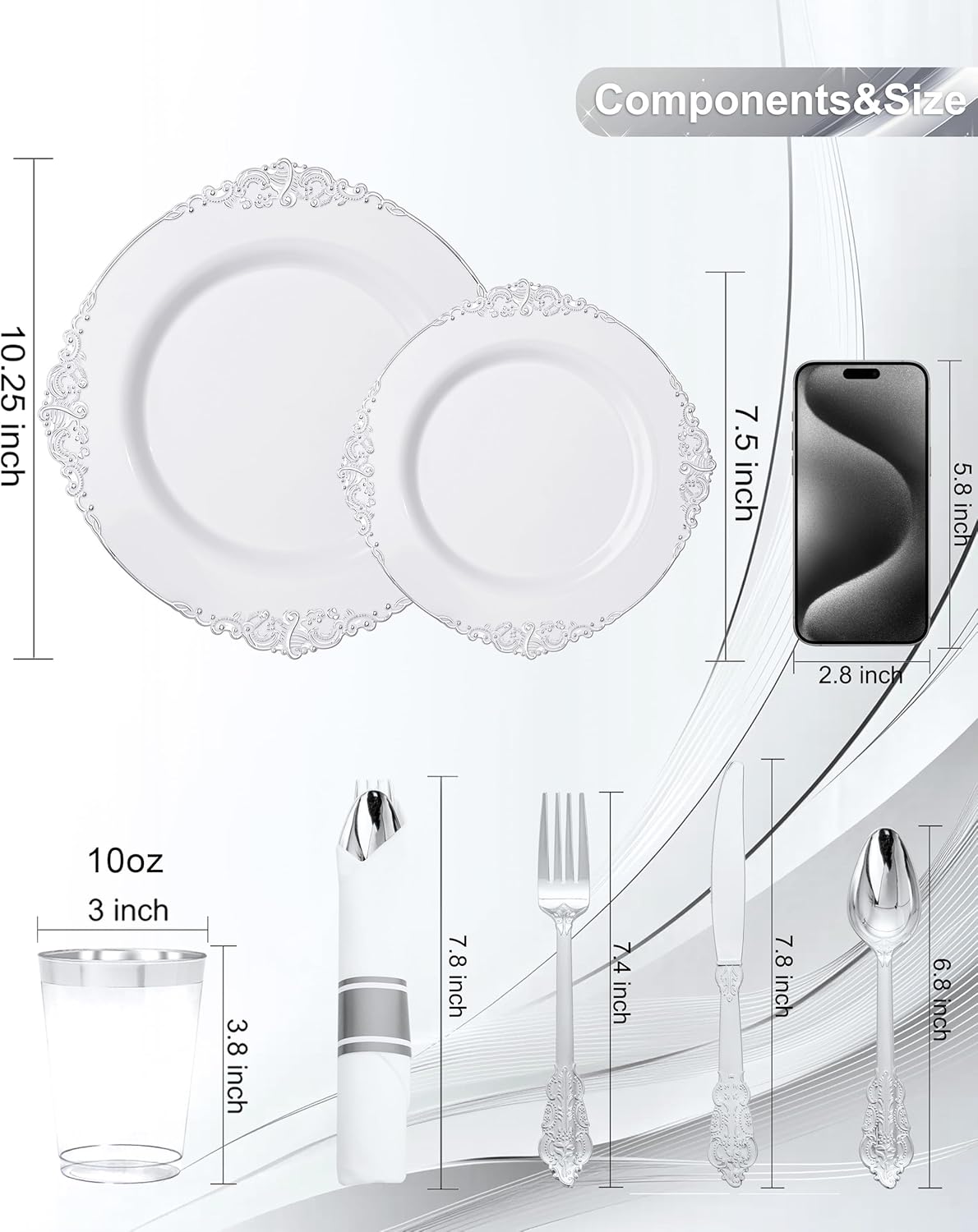 Nervure 350PCS Silver Plastic Plates - Silver Plastic Dinnerware Sets for 50 Guests - 100 Disposable Plates, 150 Silverware, 50 Cups, 50 Napkins for Wedding & Party